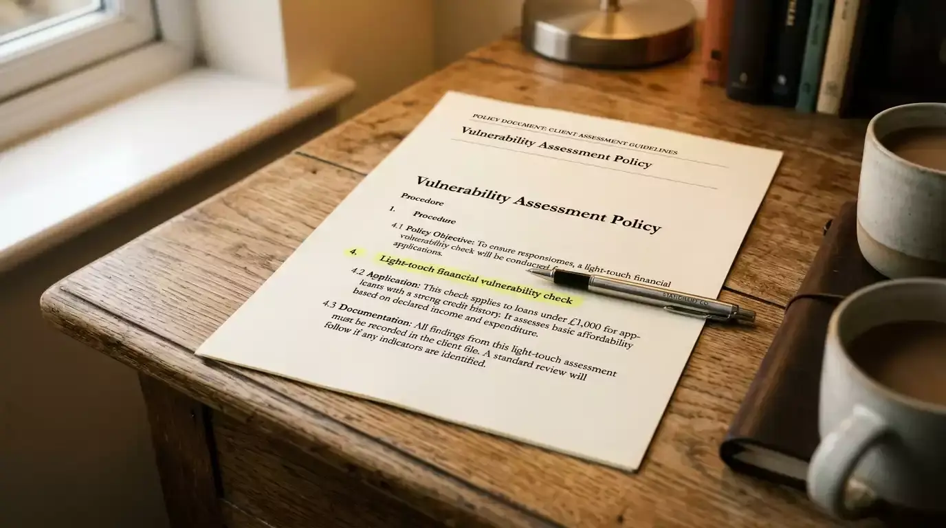 Printed UK affordability check policy document on a desk with notes
