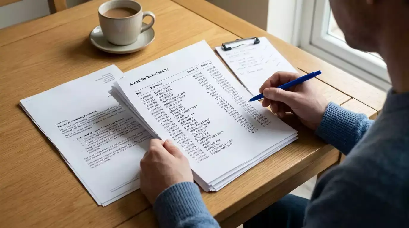Person reviewing a printed UK bank statement and supporting paperwork at a kitchen table during an affordability check