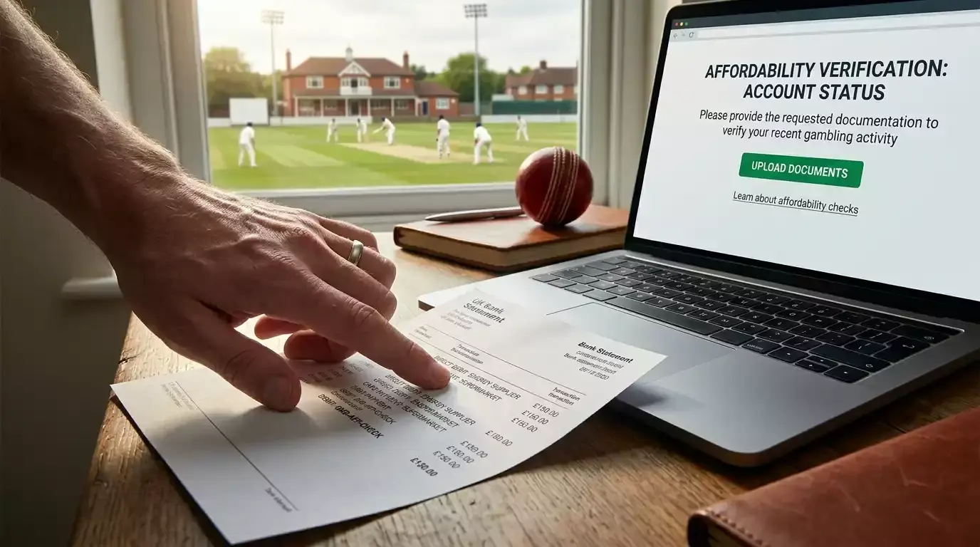 Hand reviewing a UK bank statement next to a laptop showing a gambling account verification screen