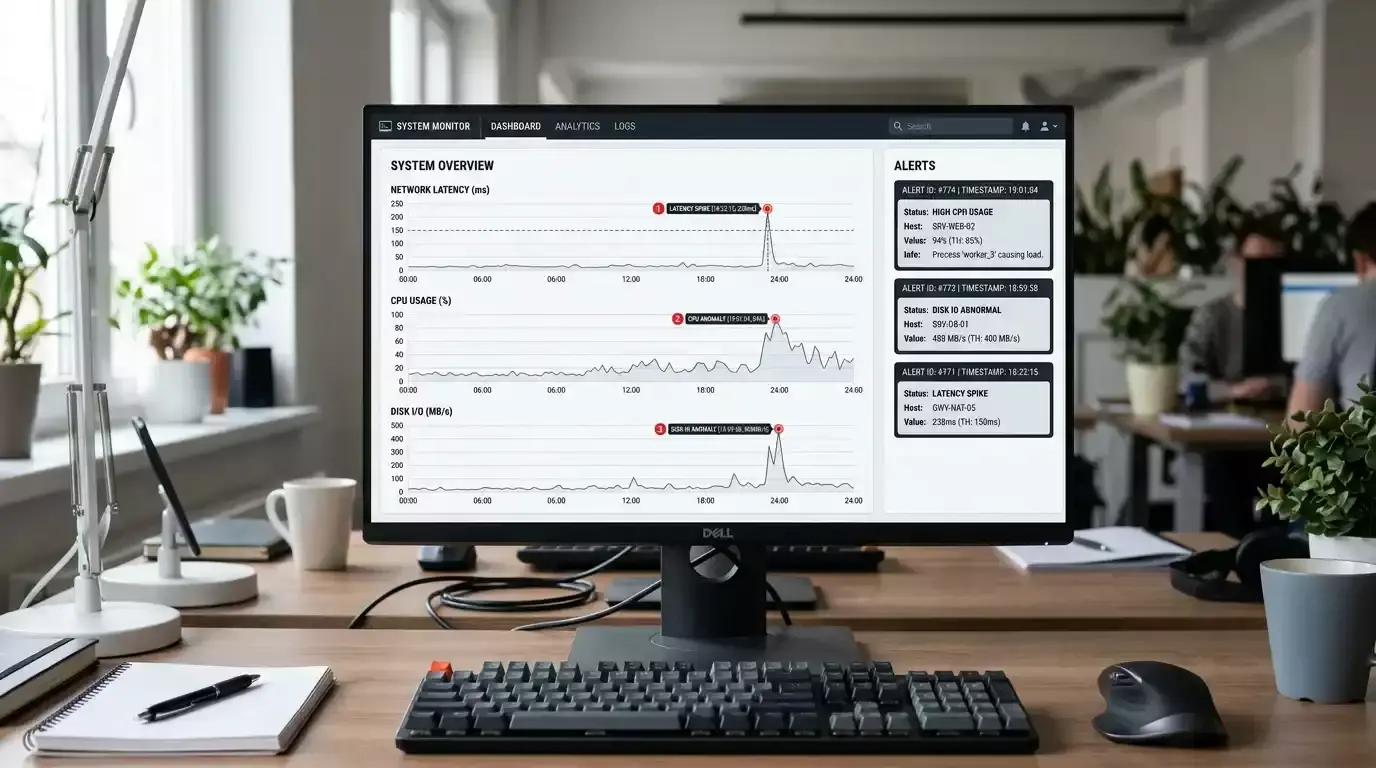 AI anomaly detection charts on a monitor highlighting outlier alerts