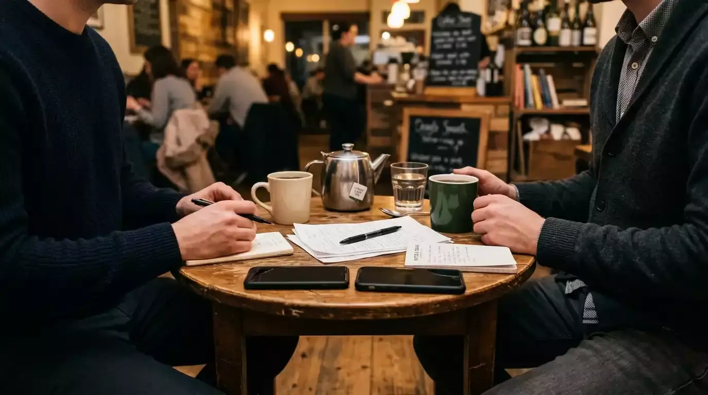 Anonymous figures meeting at a coffee shop table seen from a low angle