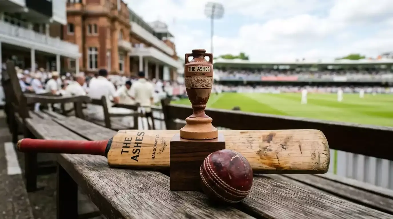 Replica of the Ashes urn beside a cricket bat and red ball on a wooden surface