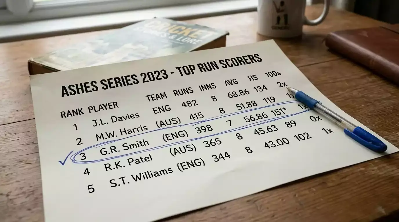 Printed leaderboard ranking top batters of an Ashes-style series