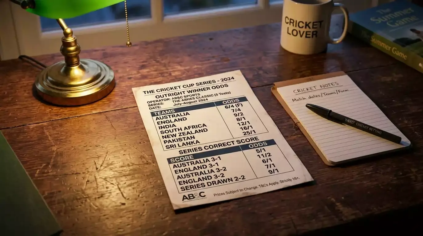 Print-out outright betting card for an Ashes series on a wooden desk