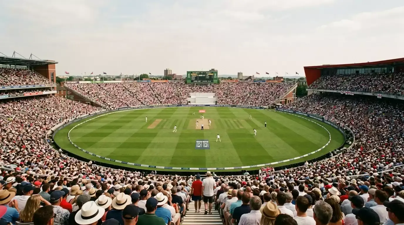 Wide view of an Ashes-style Test match opening day crowd