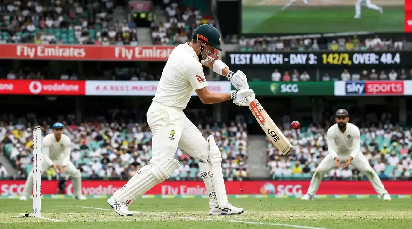 Test cricket batter playing a cover drive in an Ashes-style match