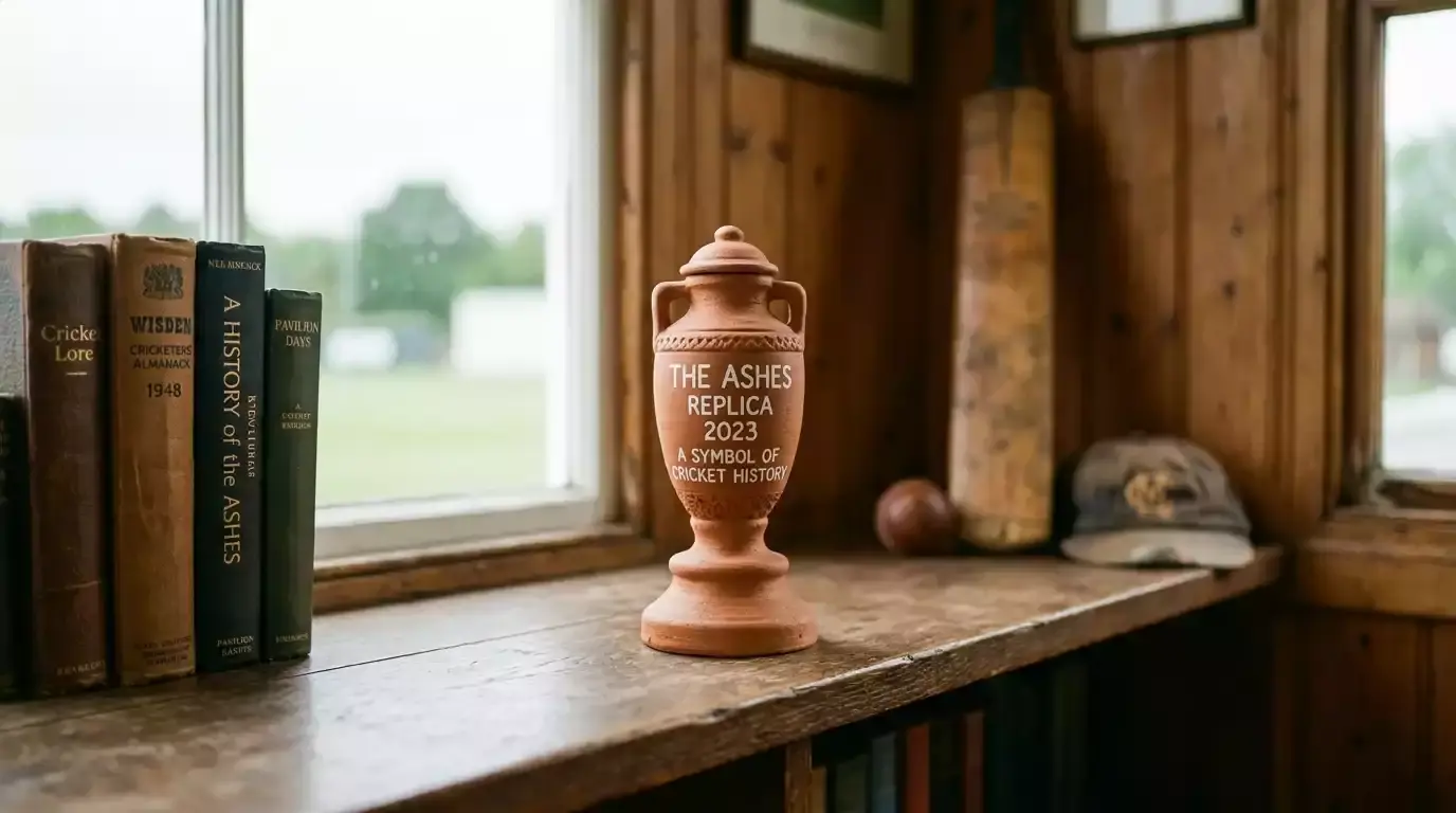 Replica Ashes-style urn displayed on a wooden shelf in a pavilion setting