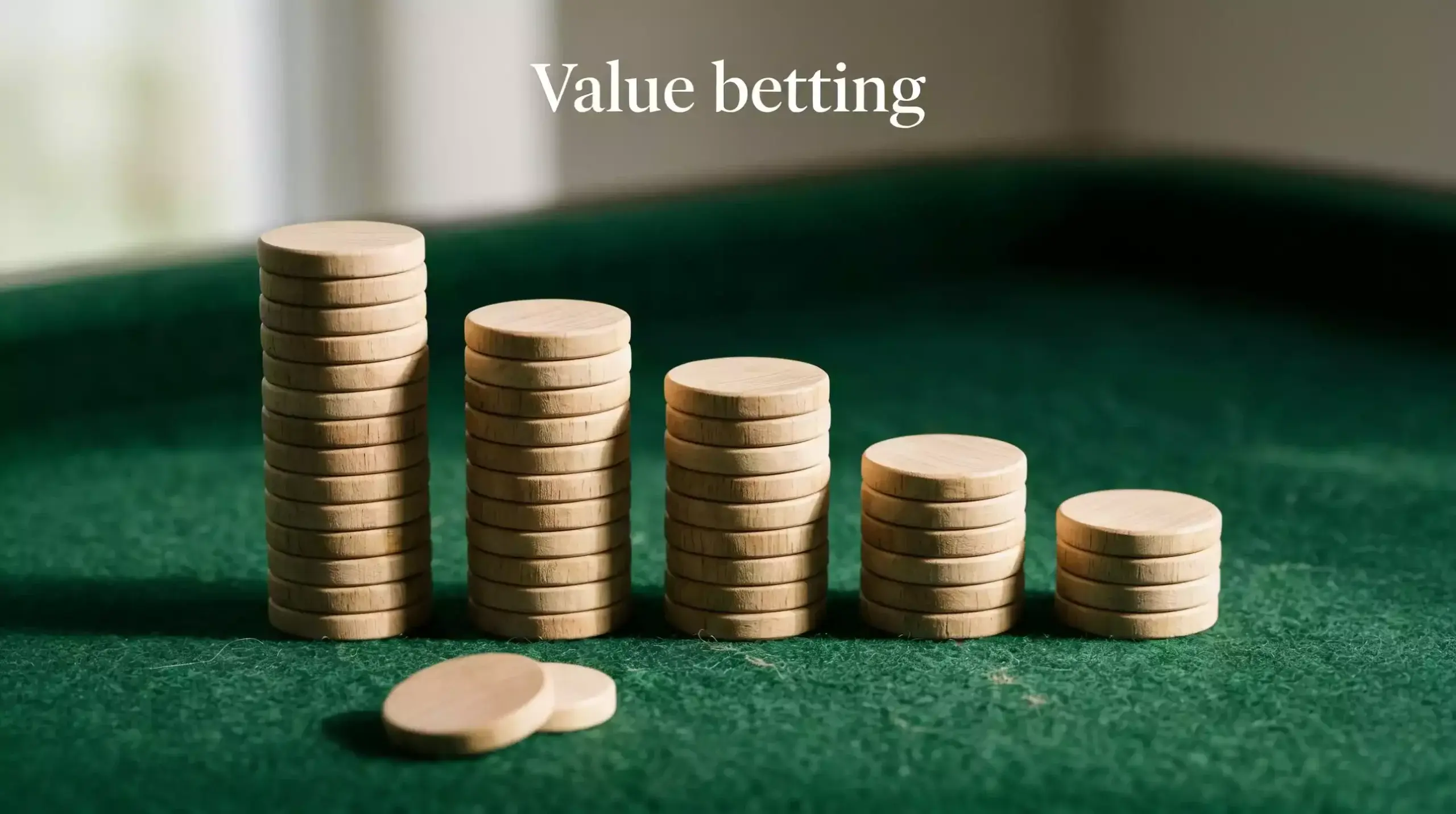 Neat stacks of unmarked wooden counters arranged on a felt surface representing flat-unit bet sizing