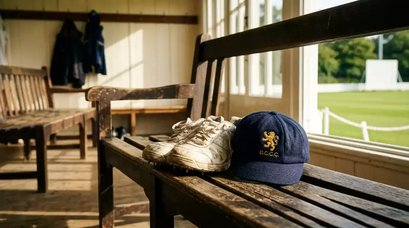 Empty pavilion seat with cricket boots and a Durham county cap on a wooden bench