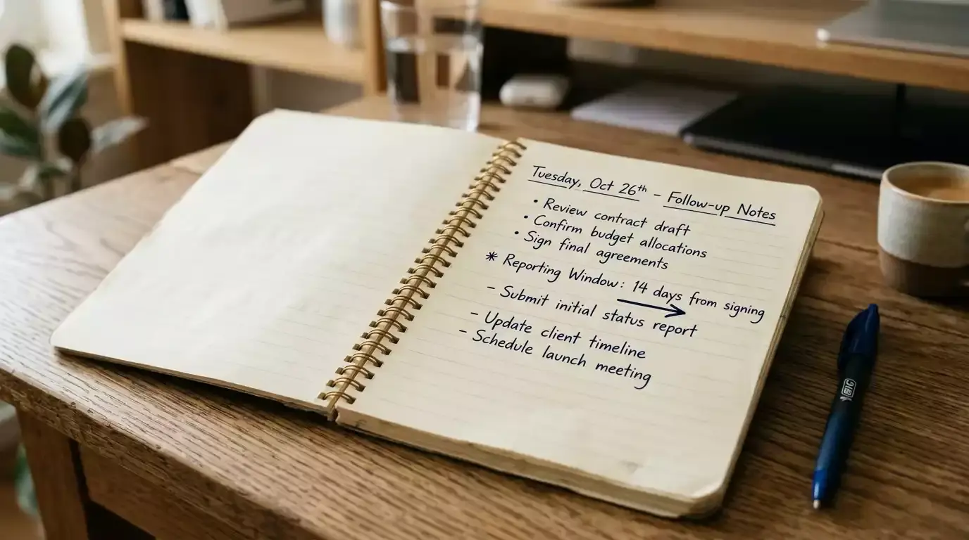 Compliance officer's notebook open to a 14-day reporting deadline note