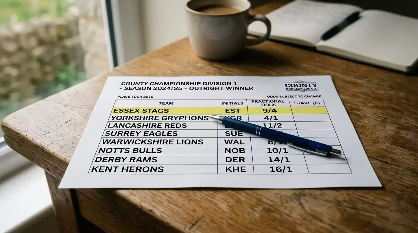 Printed Division 1 outright betting card on a desk with fractional prices