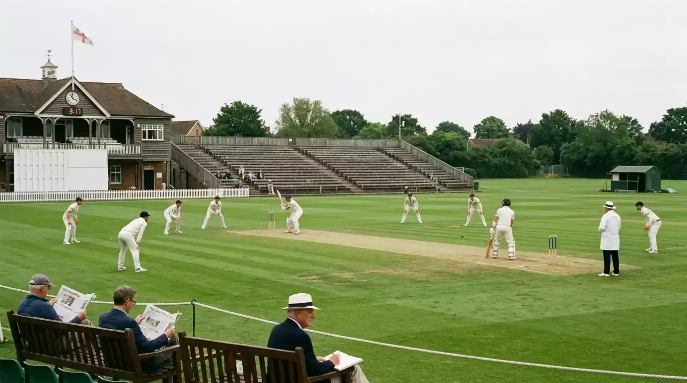 Sparsely populated county ground hosting a four-day Division Two championship fixture on a weekday afternoon