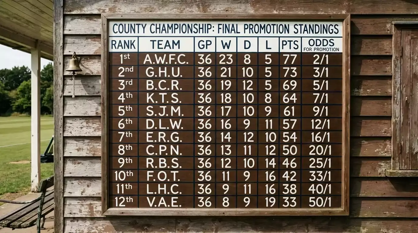 Generic Division 2 outright promotion-race board on a county pavilion wall