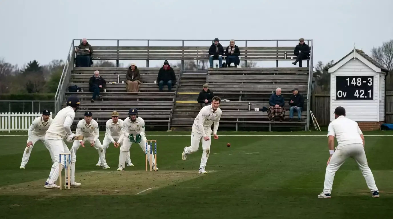 County Championship four-day fixture in early April with players in whites and almost empty wooden stands behind them