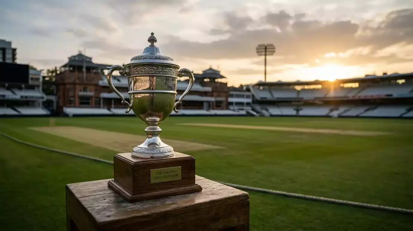 County Championship trophy on a wooden plinth at a ground at sunset with empty stands