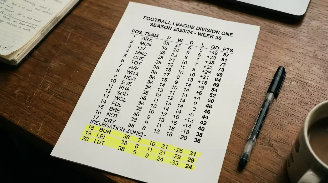 Bottom rows of a county championship table highlighted on a printed page