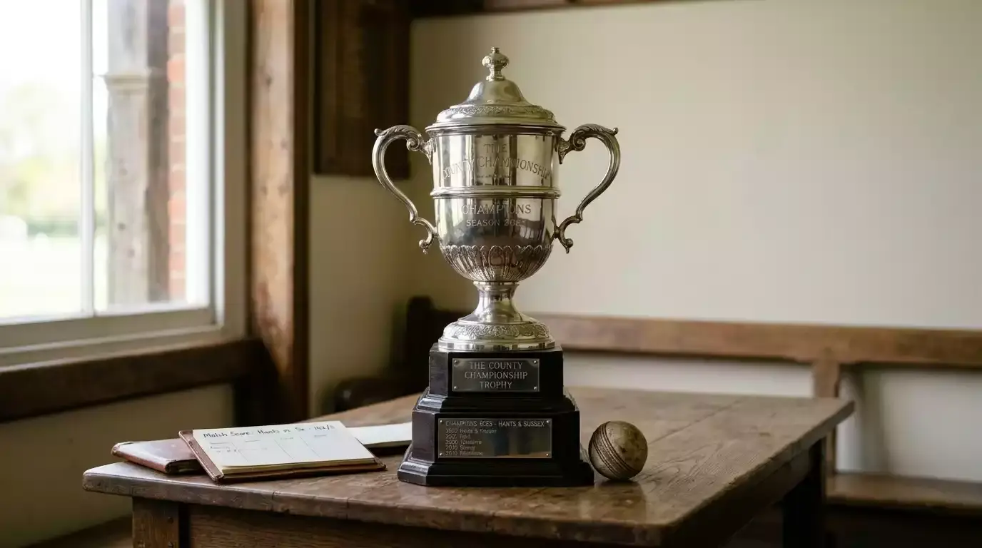 County Championship-style trophy displayed on a pavilion table