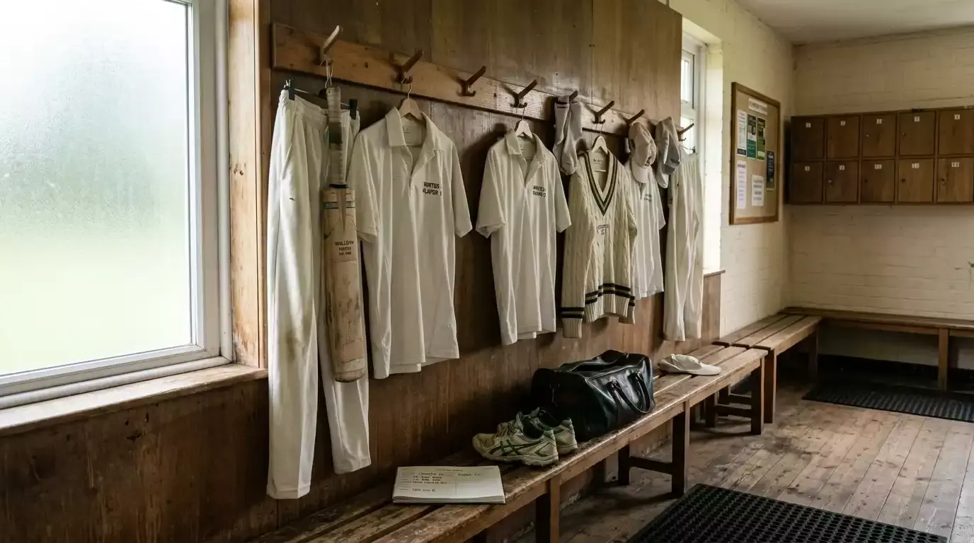 Quiet county cricket changing room with kit hung on pegs