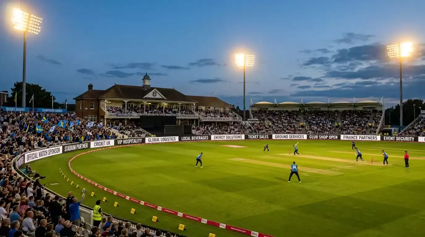 County cricket ground pitchside advertising boards in mixed sponsor colours
