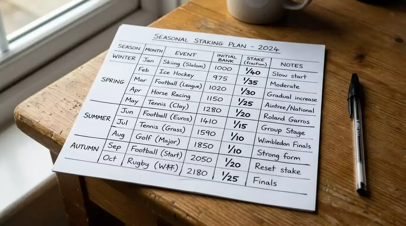 Staking plan worksheet for a county cricket season laid out on a desk