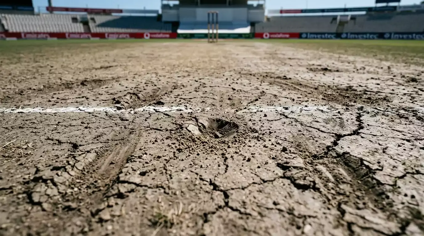 Cracked surface of a Test cricket pitch showing day-three wear and bowler footmarks