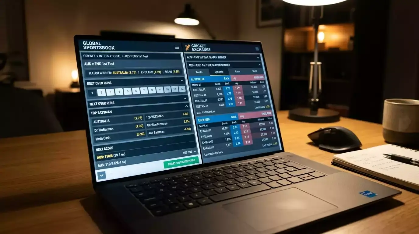 Laptop showing a sportsbook and an exchange side by side on a cricket market