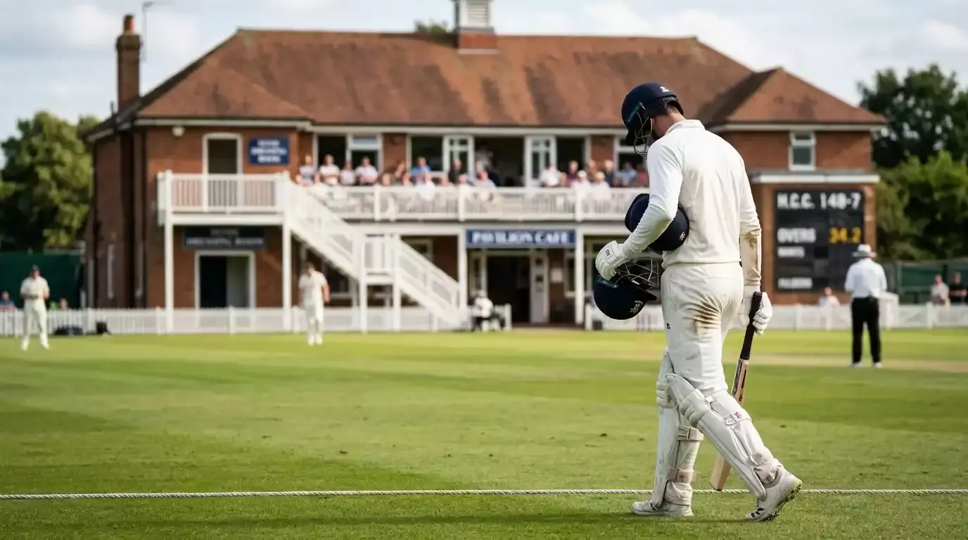 Cricket batter leaving the field with helmet off after retiring during an innings