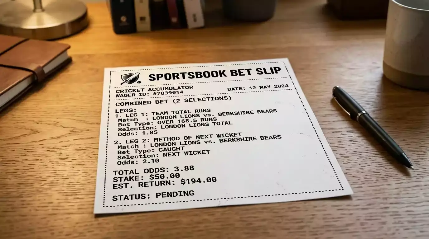 Printed bet builder card combining a totals selection with a method-of-dismissal pick