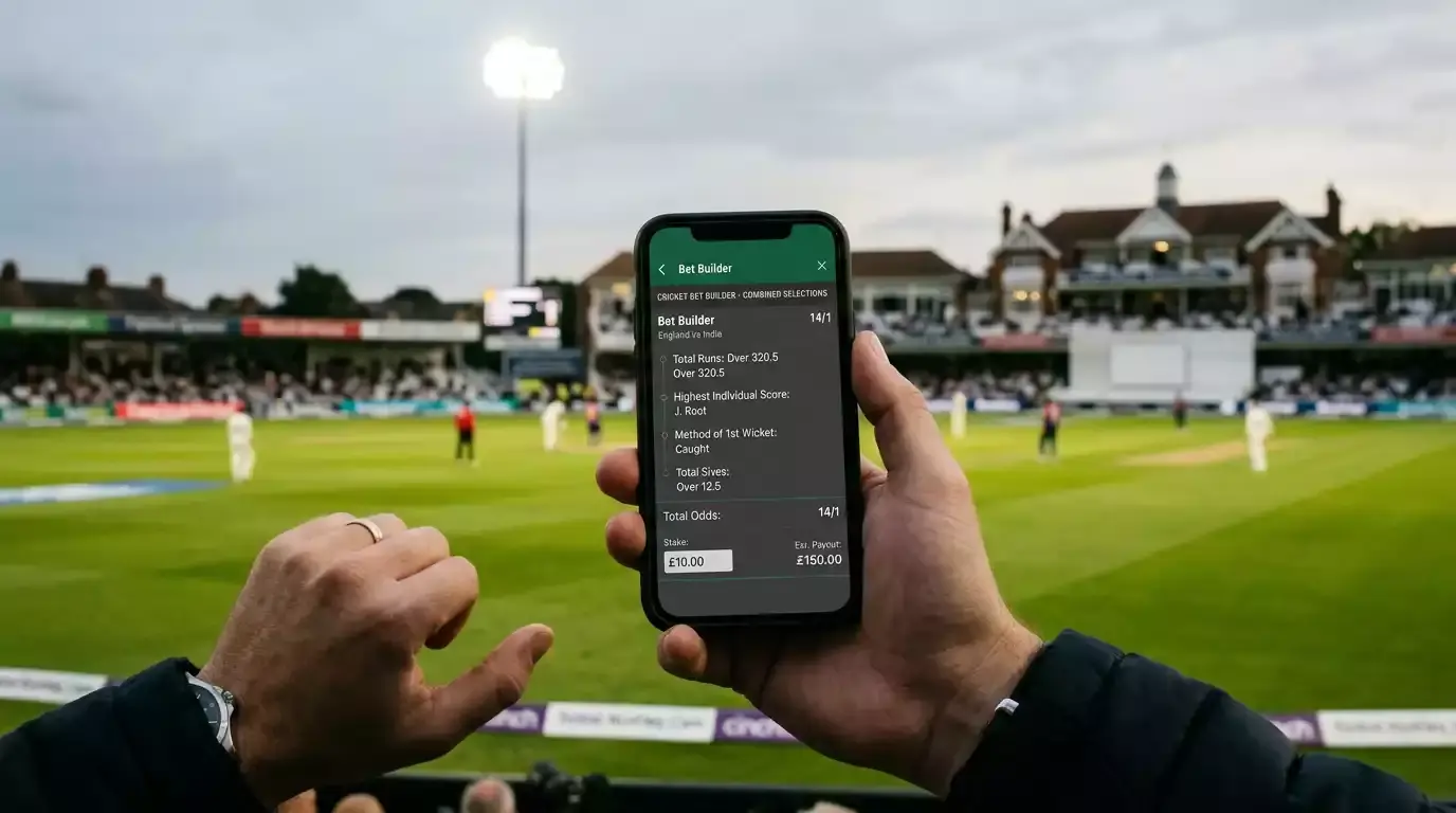 Mobile phone showing a multi-leg cricket bet builder slip with combined selections
