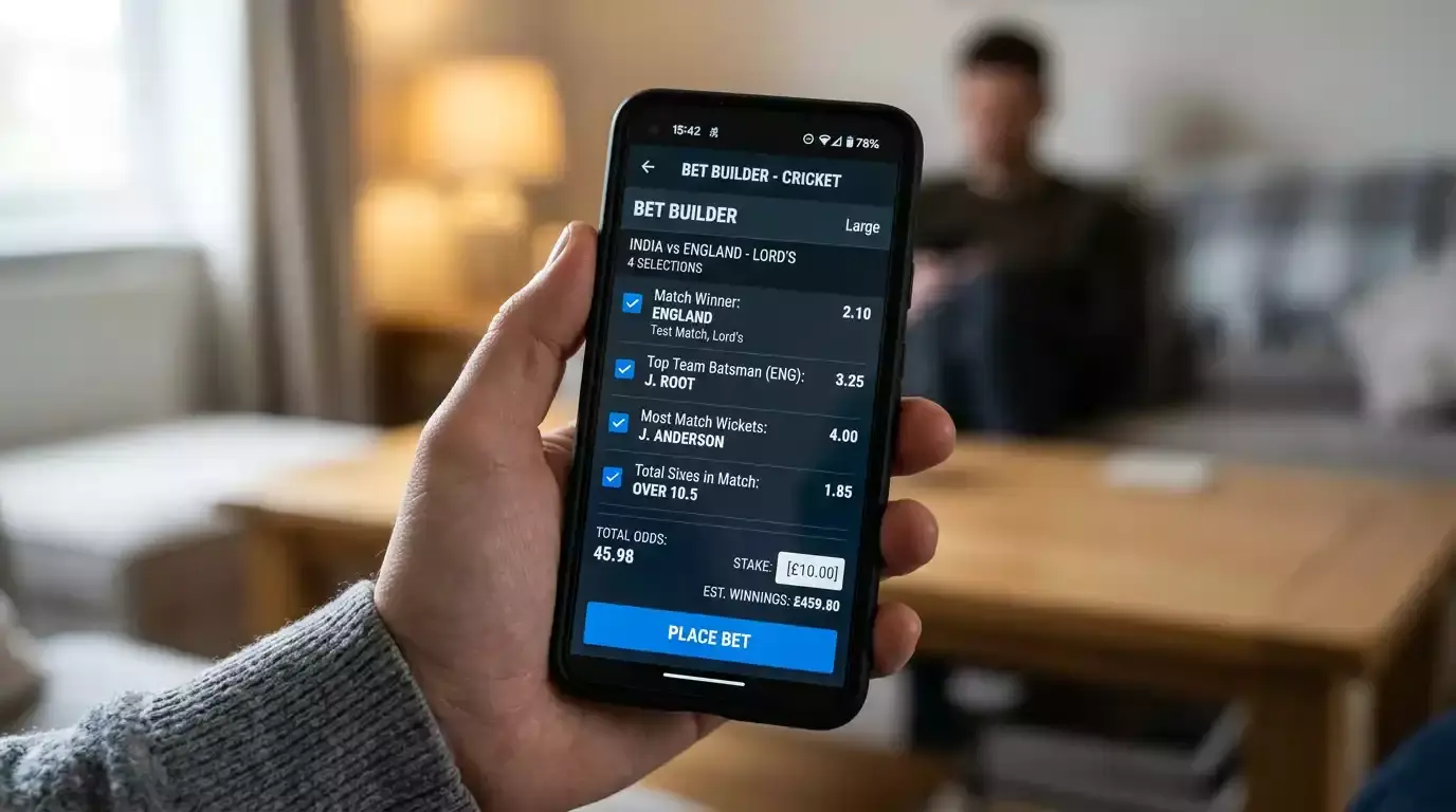 Smartphone showing a multi-leg cricket bet builder slip with several selections