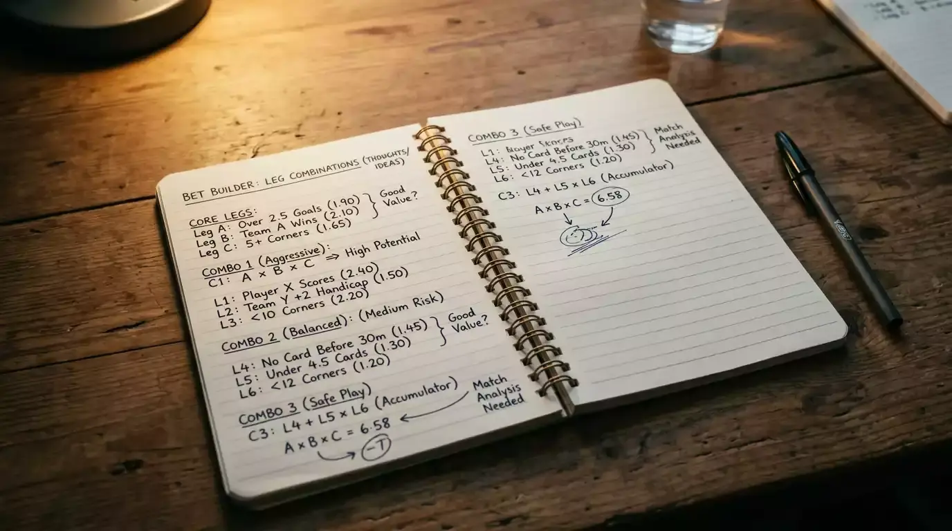 Notepad with a hand-written cricket bet builder recipe and bullet points