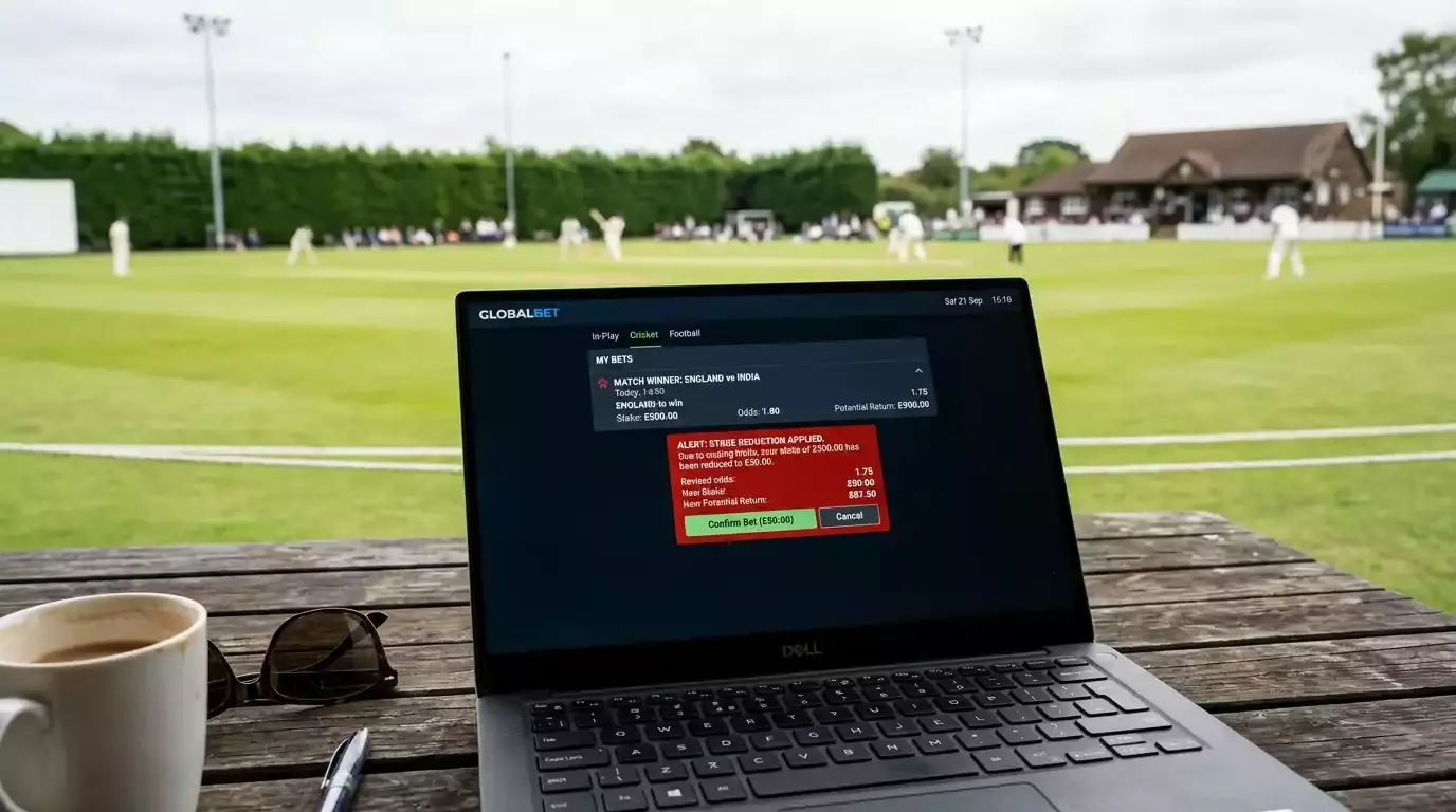 Laptop screen showing a stake reduction message on a cricket bet slip