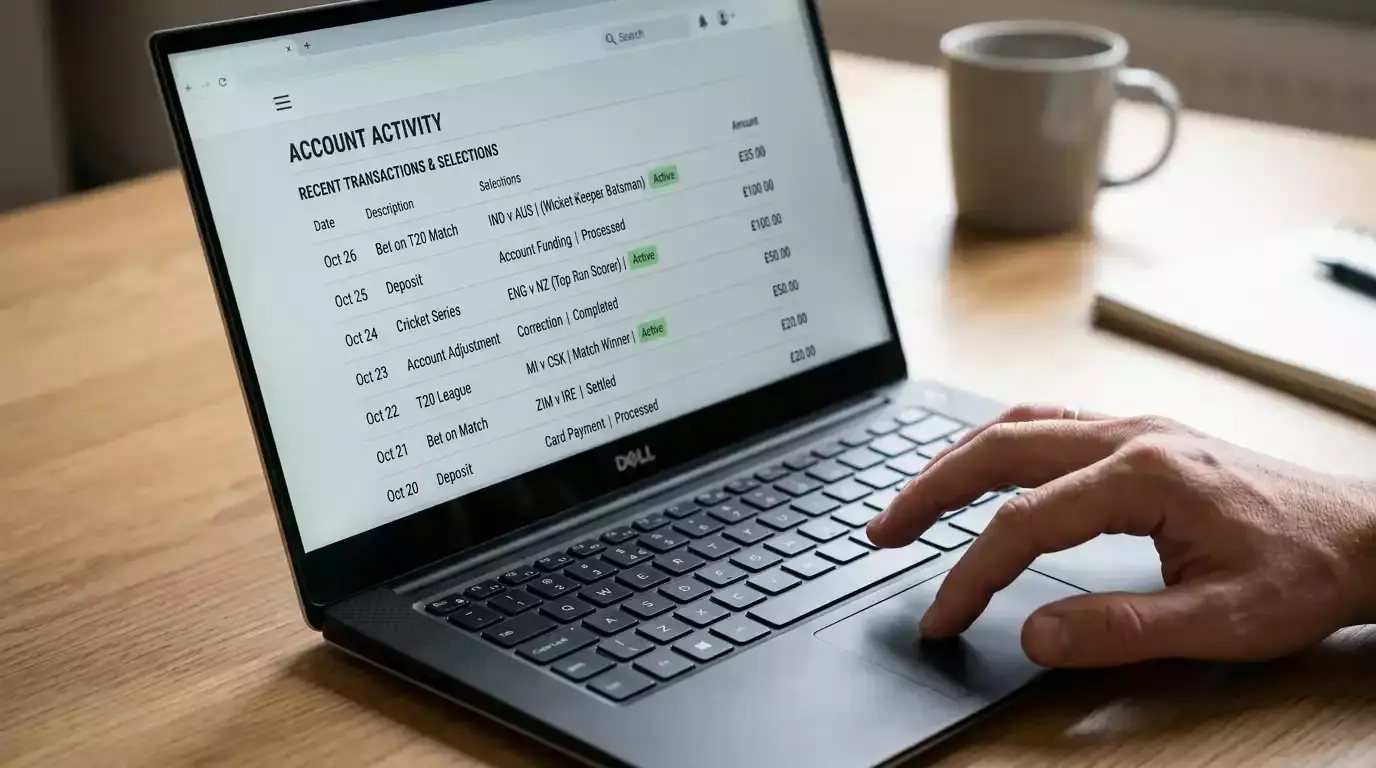 Bettor reviewing a generic account activity page on a laptop