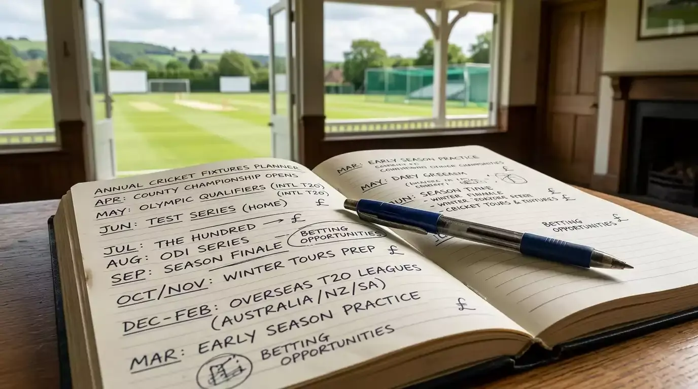Annual cricket fixtures planner on a desk with notes and pen showing year-round schedule