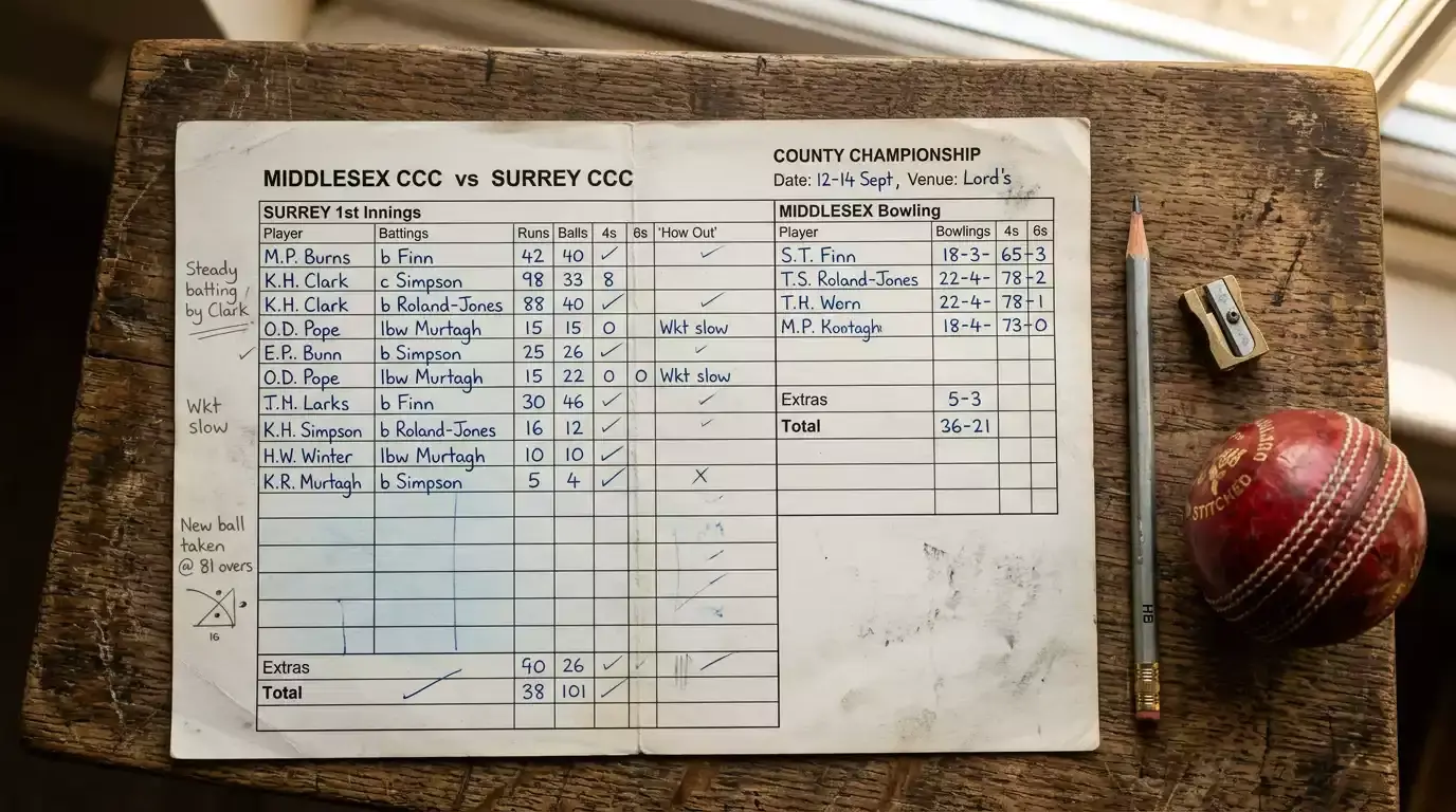 Close-up of a printed cricket scorecard with pen marks beside batting and bowling figures