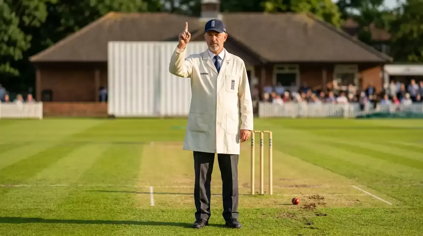 Cricket umpire raising a finger in the late afternoon light on a UK county ground