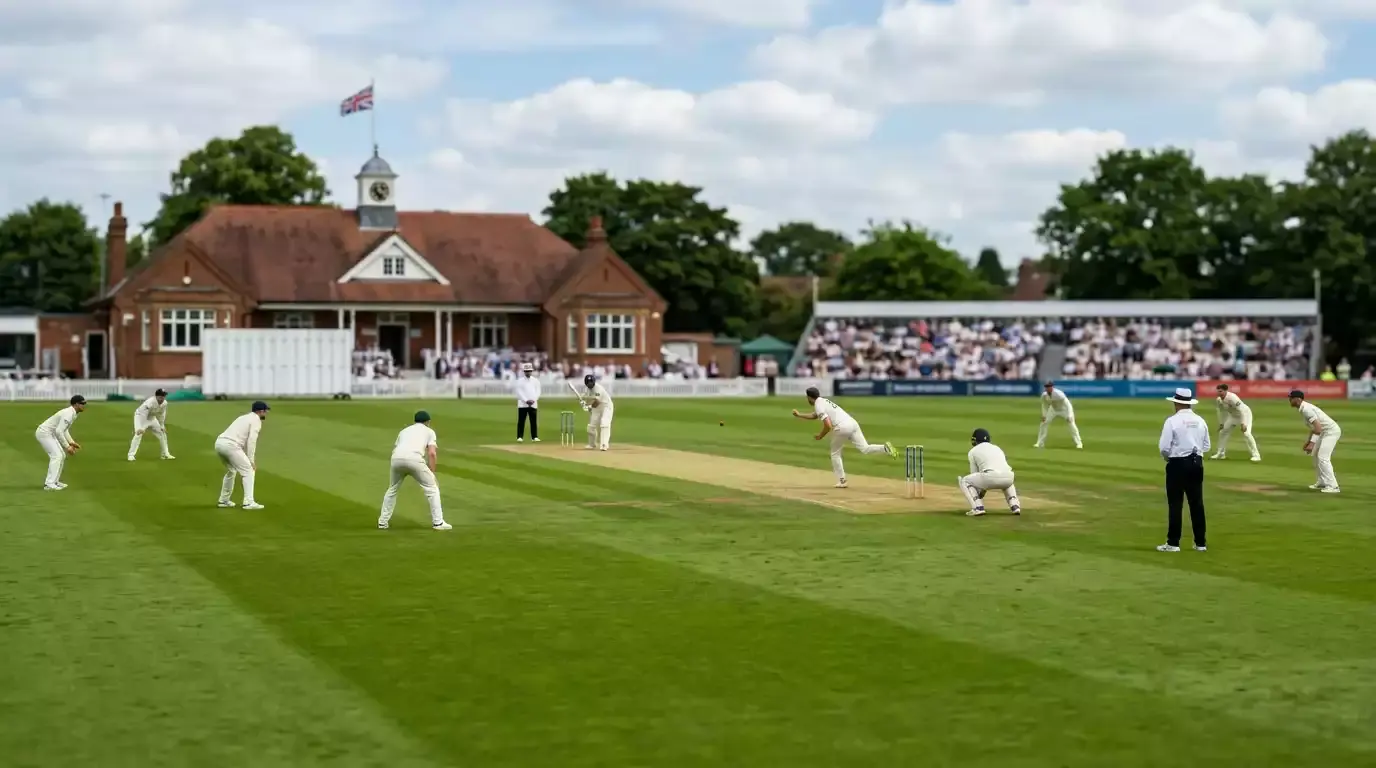 Wide view of an English cricket ground during a county match, players in whites on the pitch