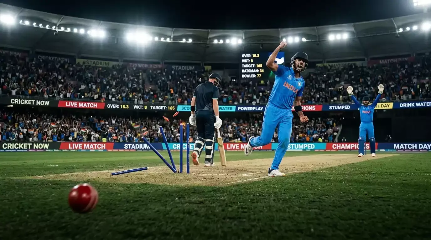 Cricket bowler celebrating after a wicket with stumps shattered behind the batter