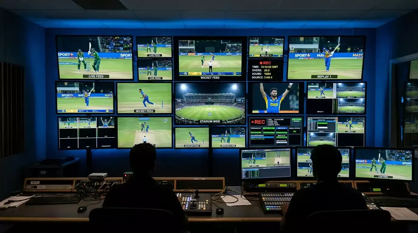 Broadcast technician's monitor room with multi-feed displays of a cricket match