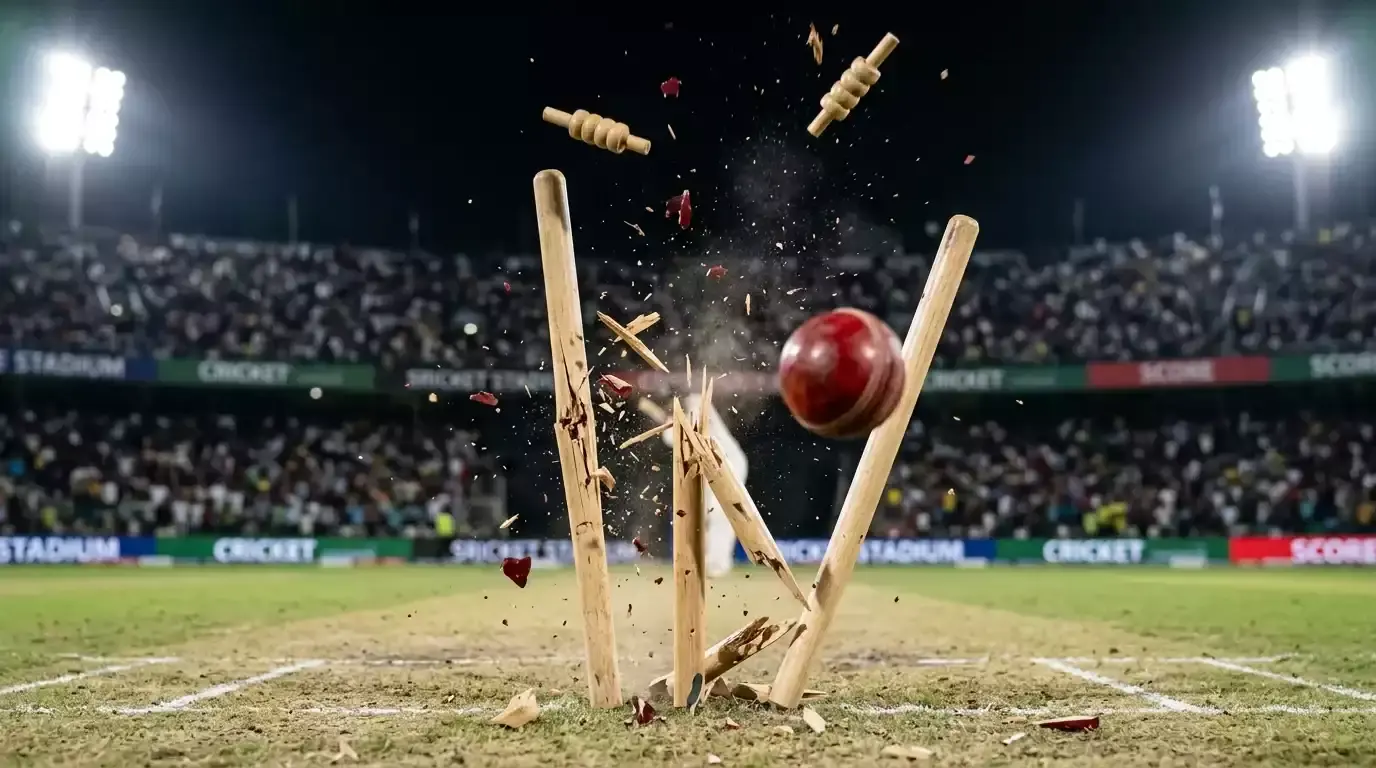 Cricket stumps broken by a delivery with bails flying in the air