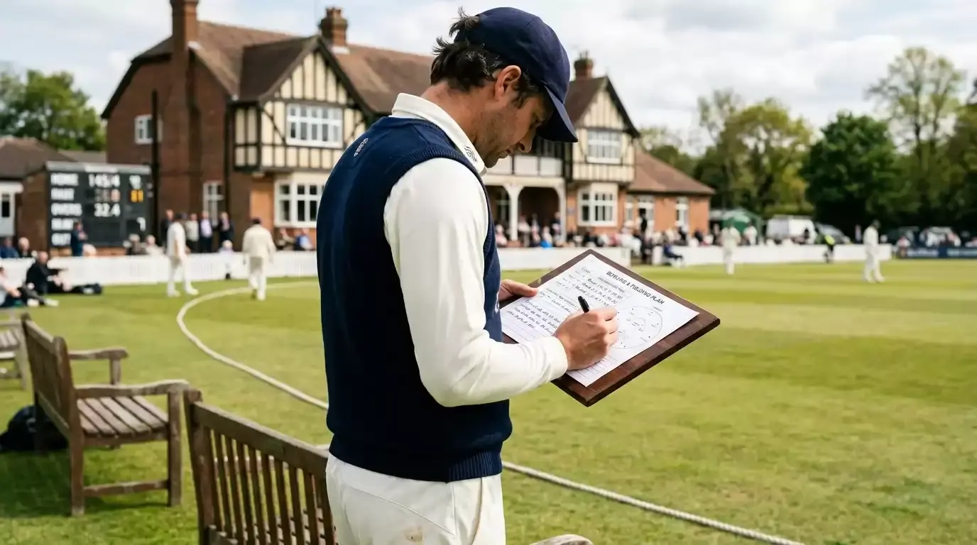 Cricket captain marking up the bowling rotation on a fielding chart
