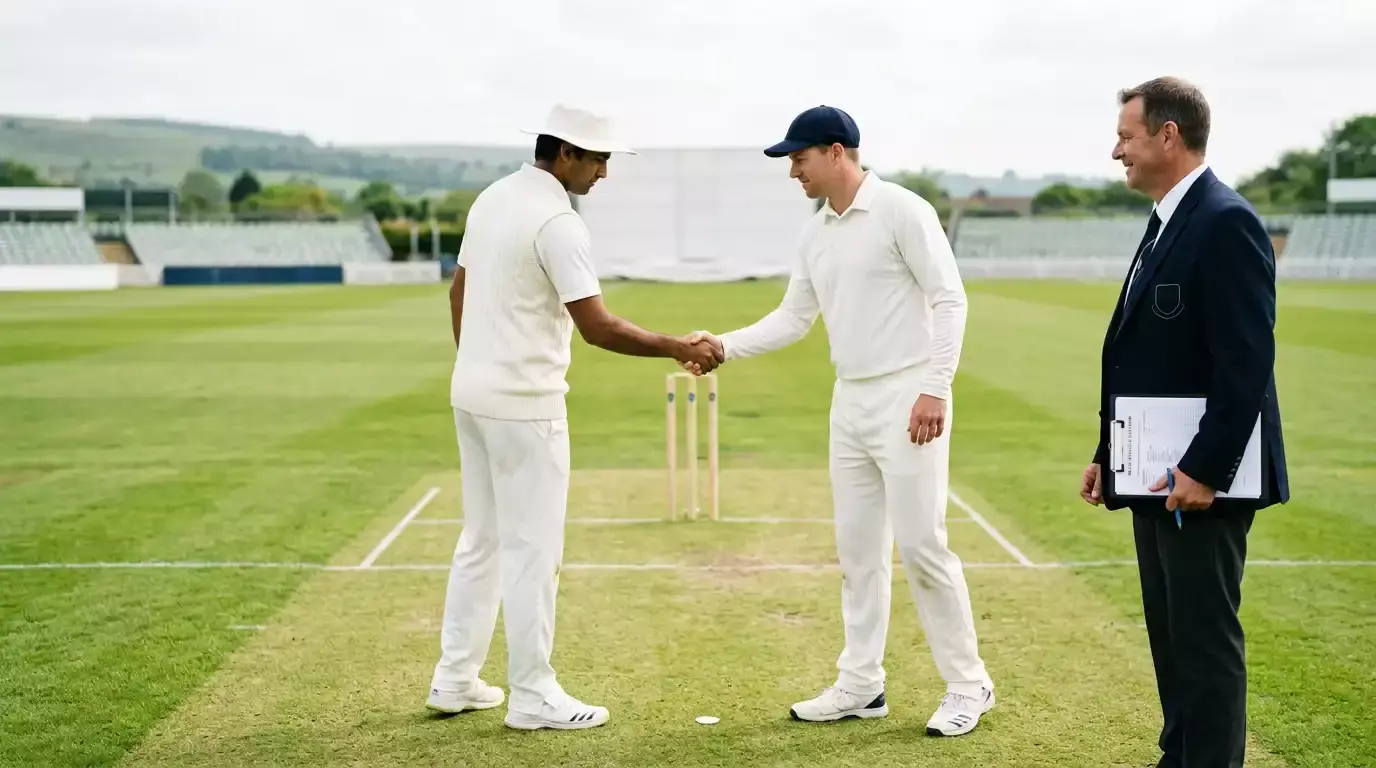 Two cricket captains shaking hands at the centre of the pitch after the toss