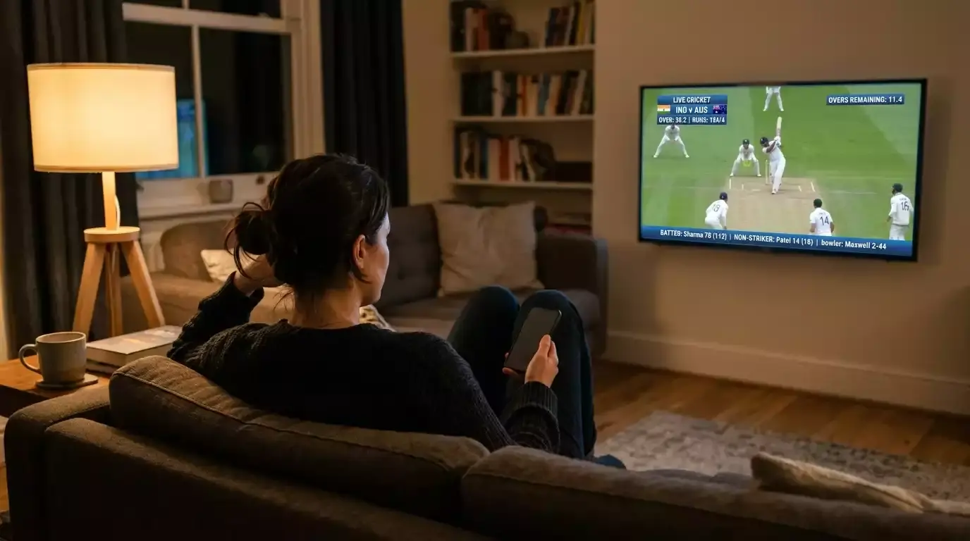 Cricket punter thinking carefully with phone in hand watching a match on screen