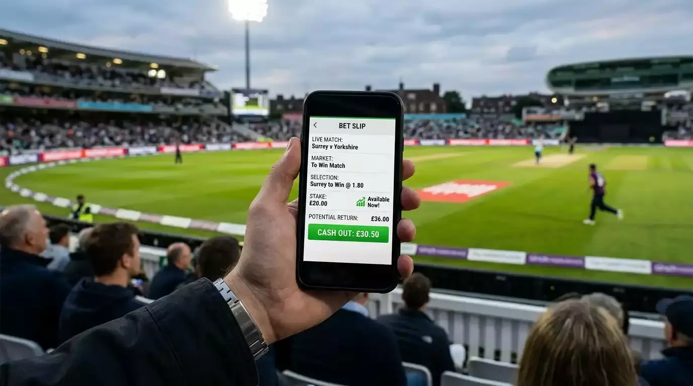 Mobile phone showing a live cricket bet slip with an active cash-out offer highlighted