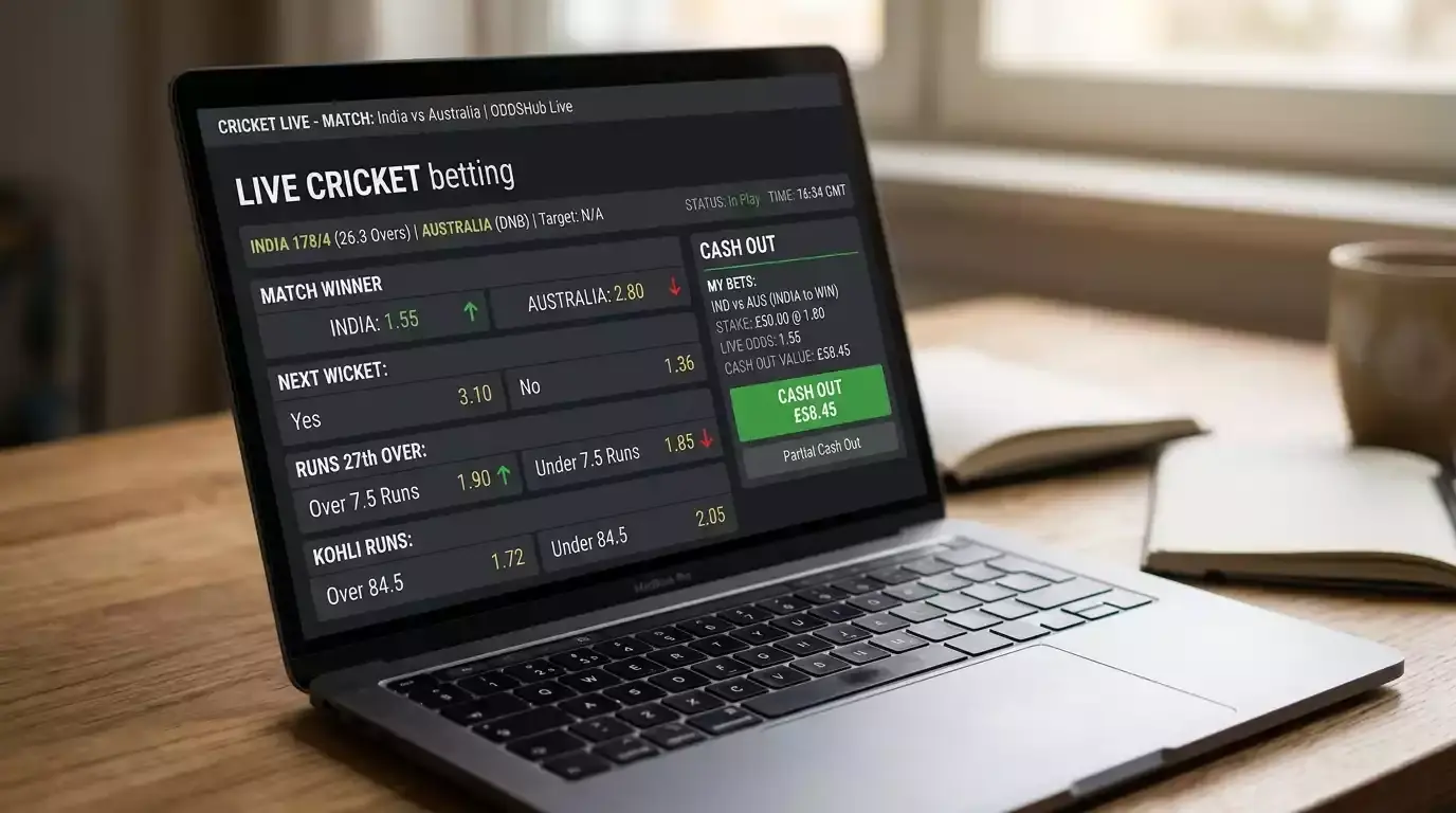 Live cricket odds screen showing fluctuating in-play prices and cash-out value