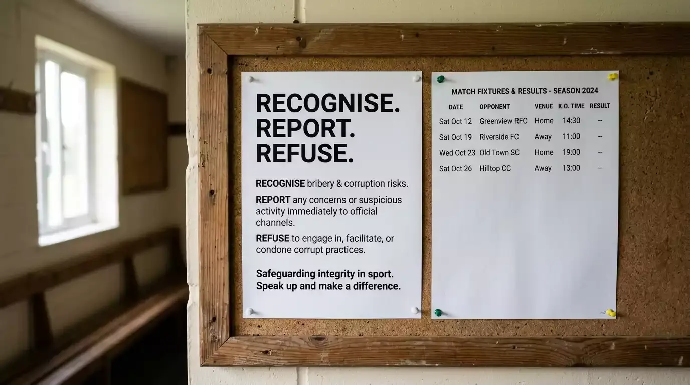Pavilion noticeboard with a plain anti-corruption awareness poster