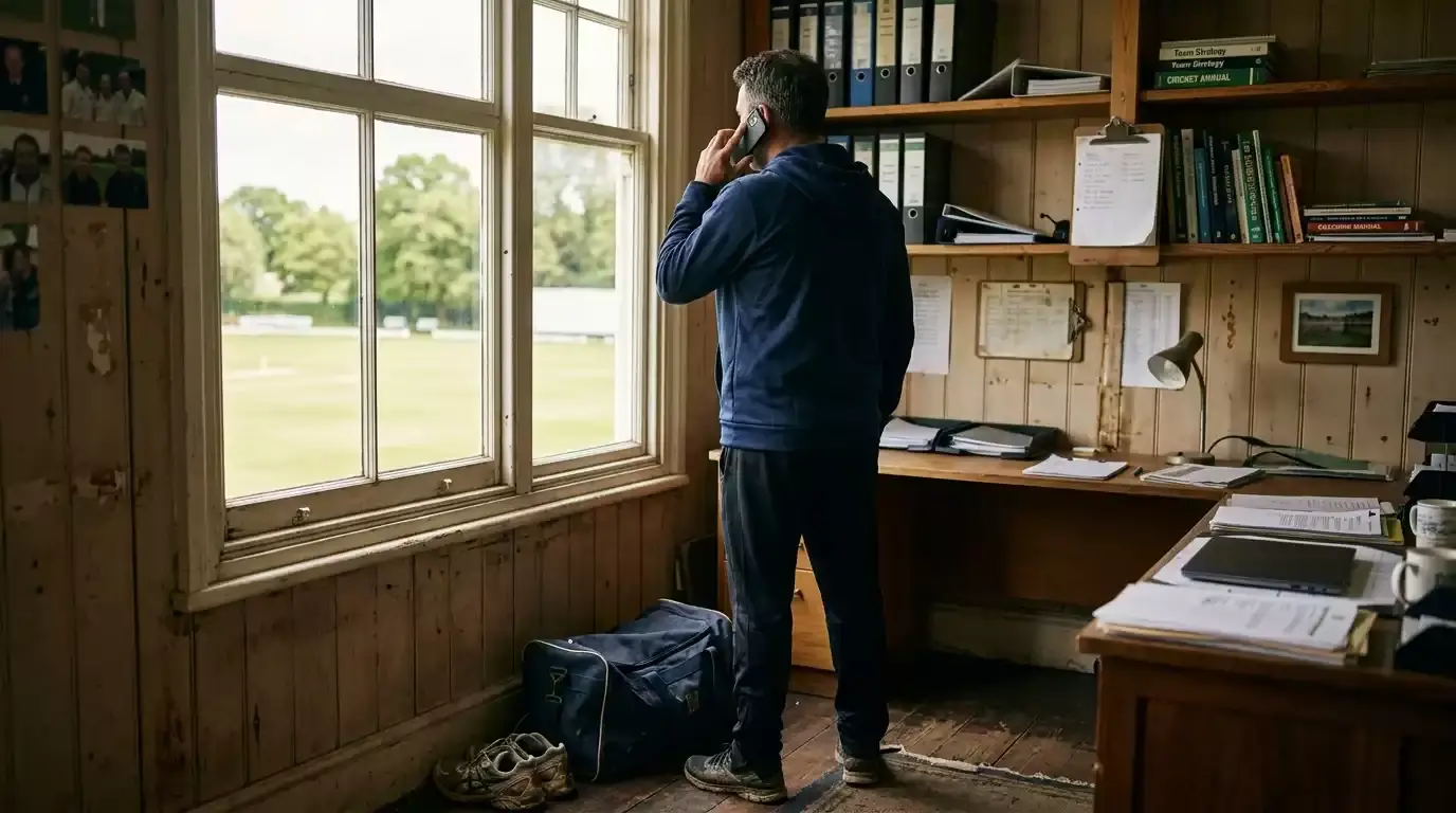 Cricket coach taking a quiet phone call in a county pavilion office
