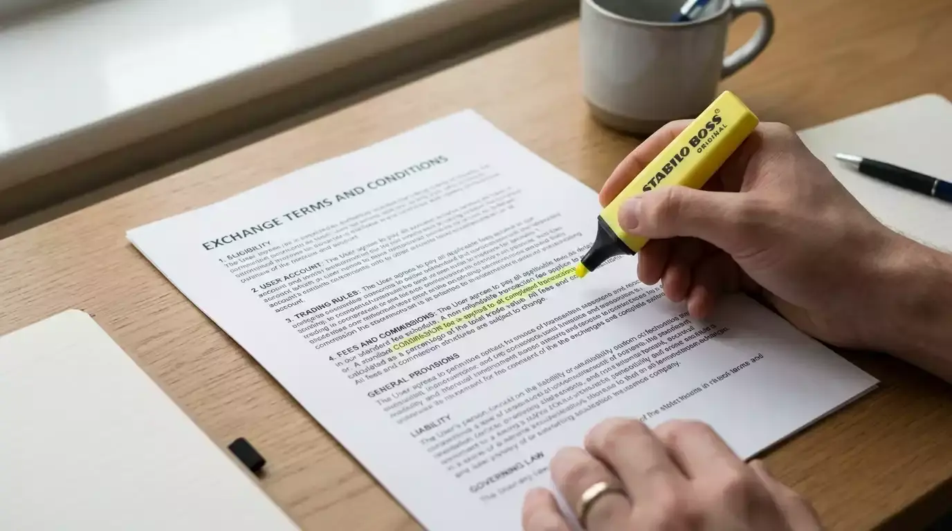 Printed exchange terms document showing a commission percentage paragraph