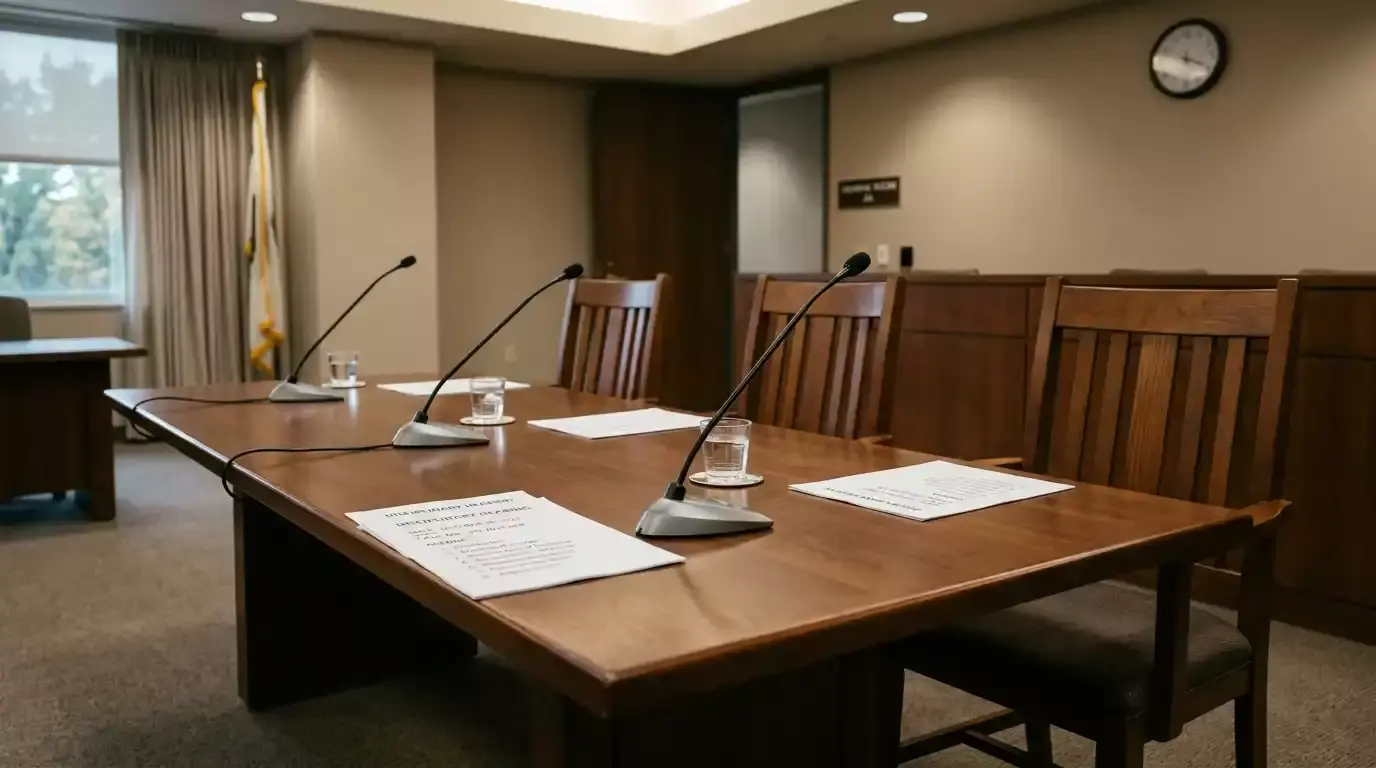 Empty disciplinary hearing table set up with microphones and water glasses