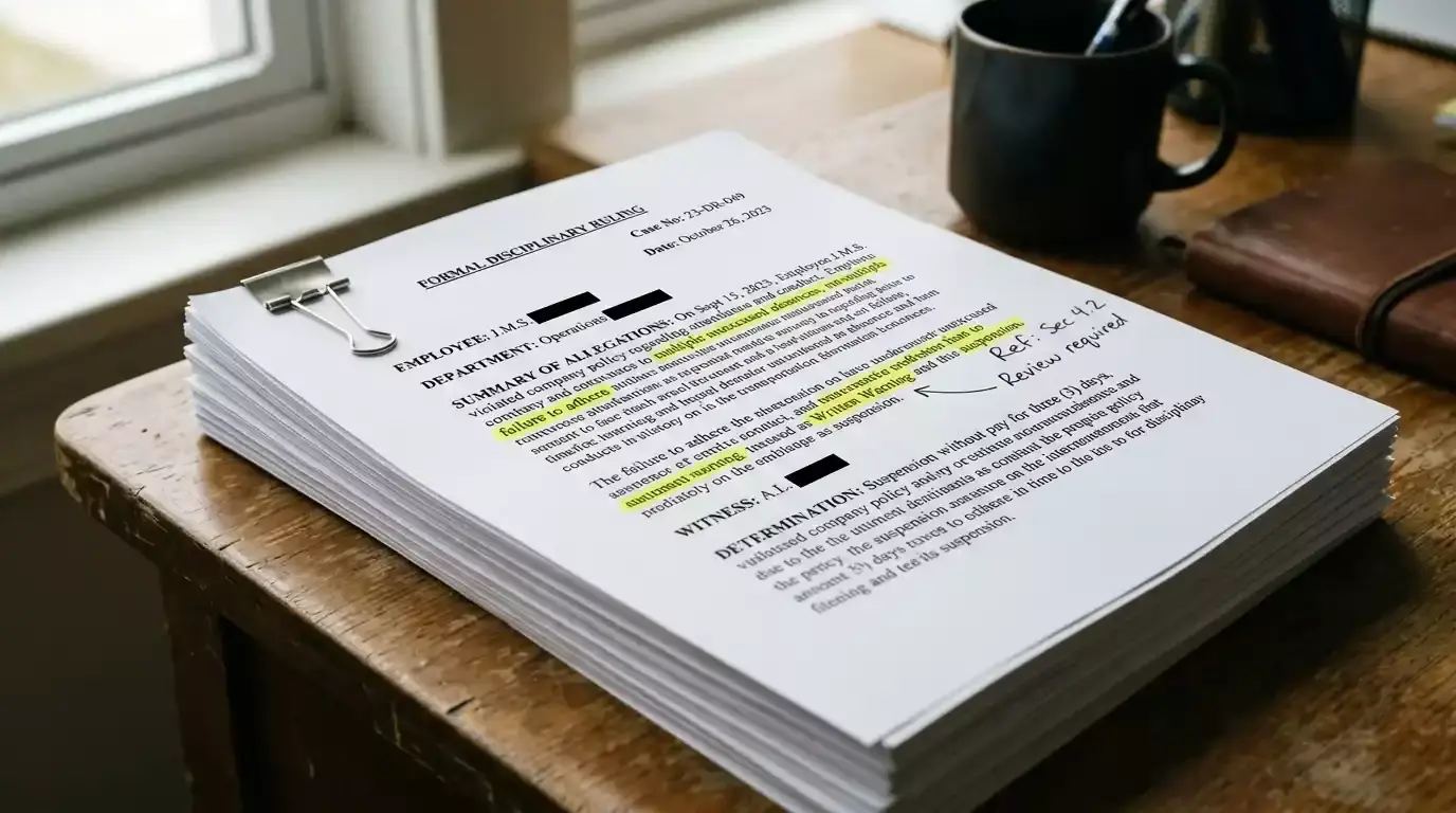 Printed disciplinary ruling pages stacked on a desk with annotations